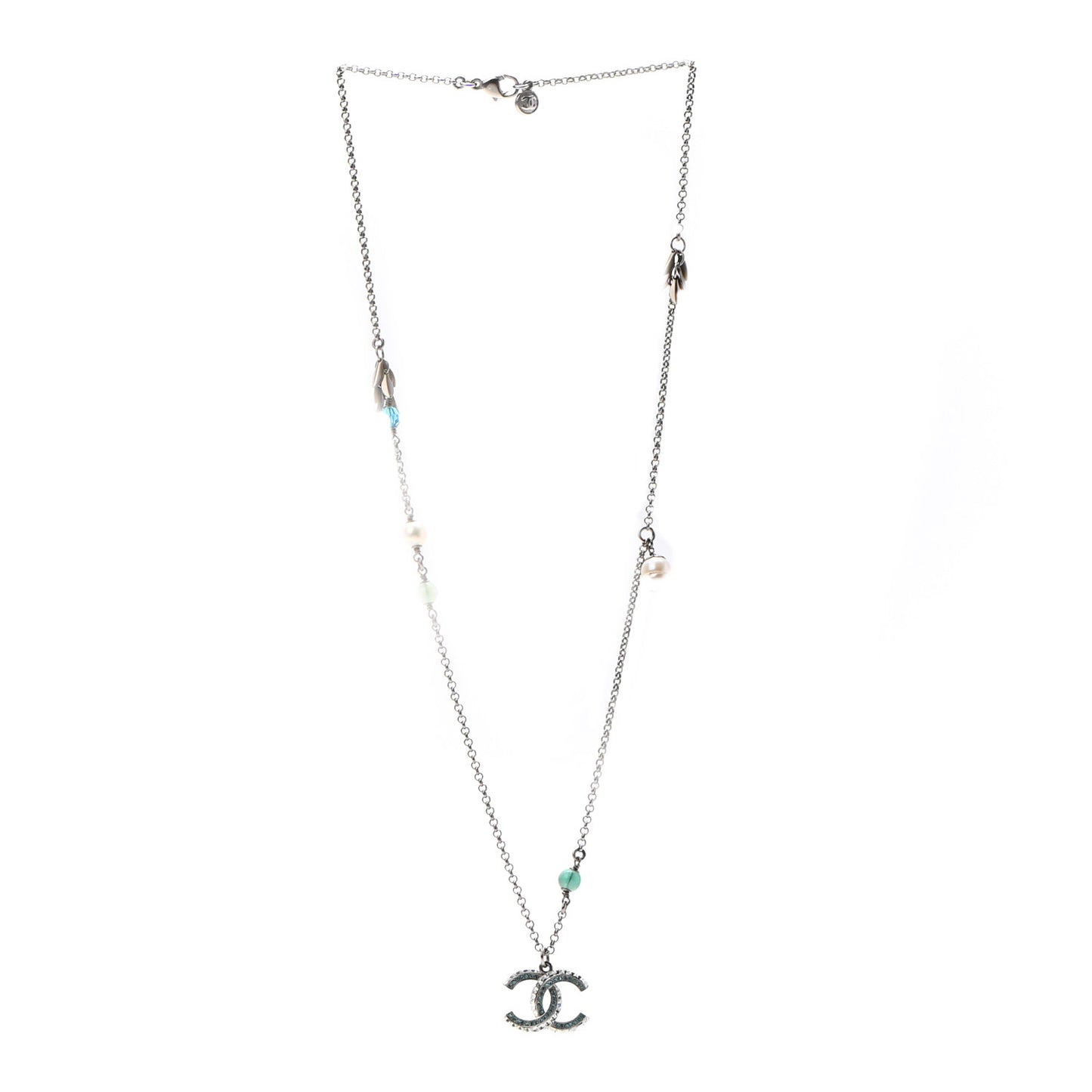 Crystal Bead Pearl CC Pendant Long Necklace Silver Blue