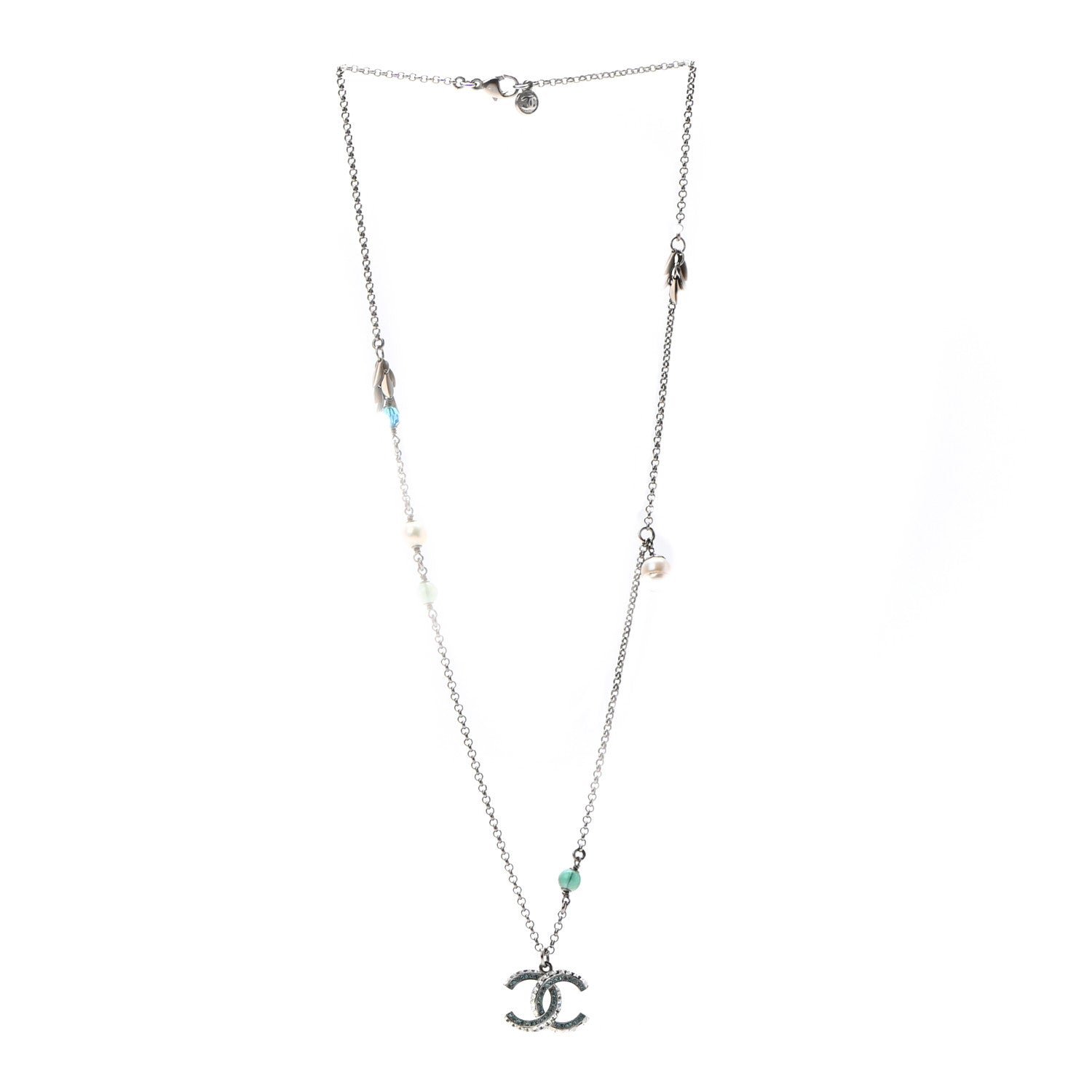 Chanel Crystal Bead Pearl CC Pendant Long Necklace Silver Blue 3 of 6