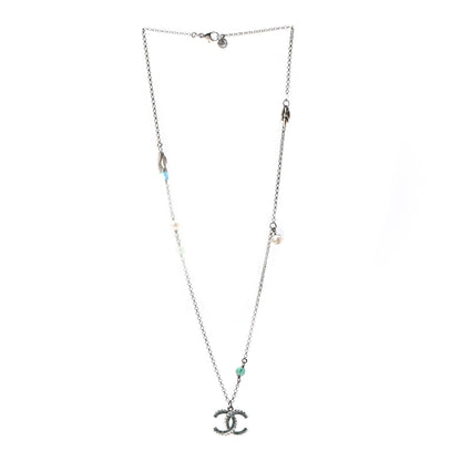 Chanel Crystal Bead Pearl CC Pendant Long Necklace Silver Blue 3 of 6