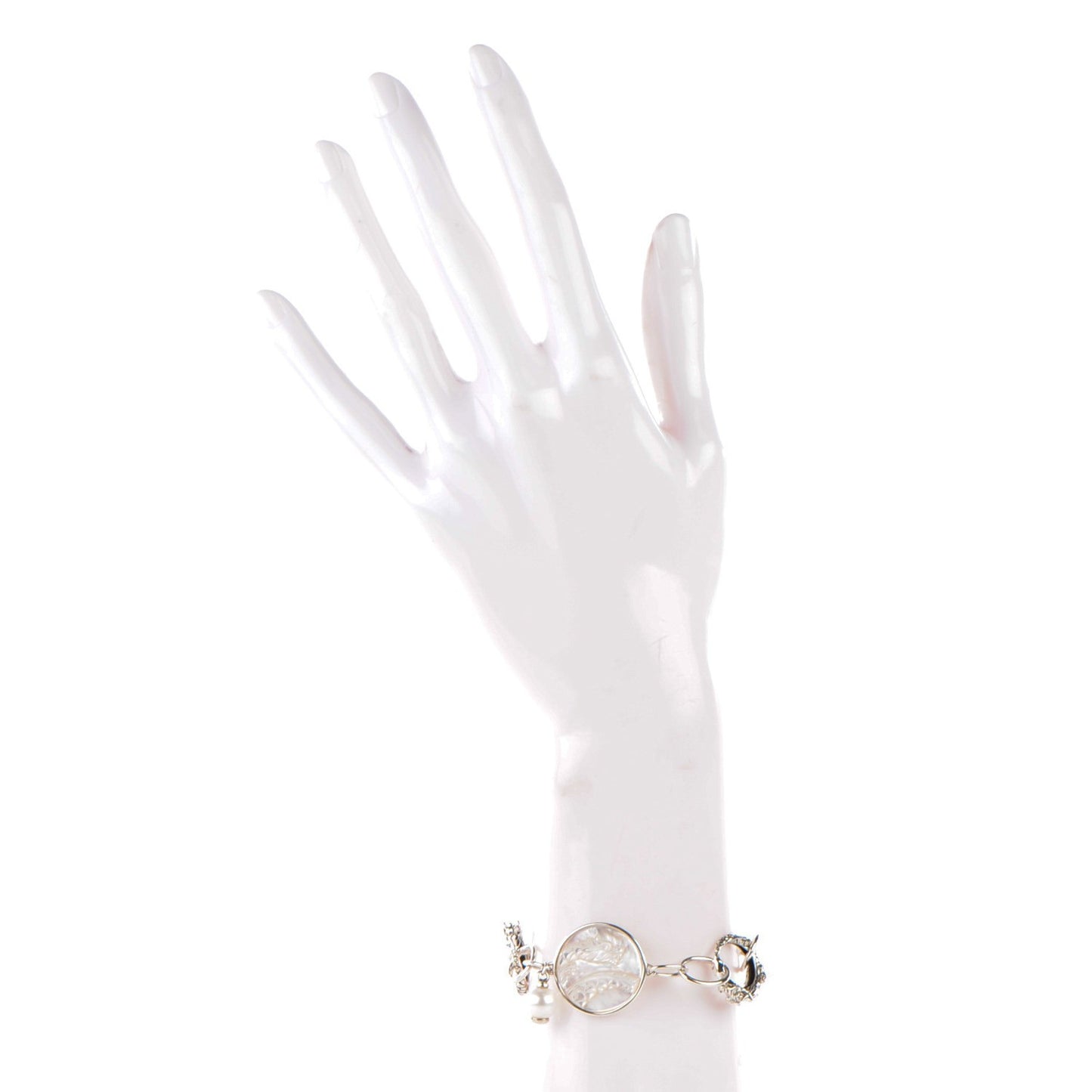Sterling Silver Pearl Mother of Pearl Naga Dragon Link Bracelet