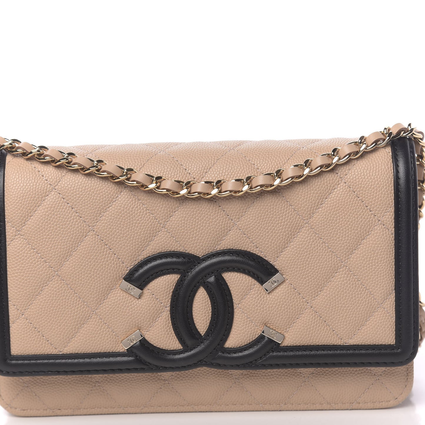 Caviar Quilted CC Filigree Wallet On Chain WOC Beige Black