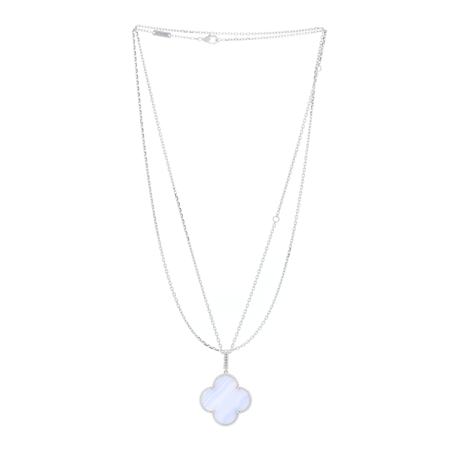 18K White Gold Chalcedony Magic Alhambra Pendant Long Necklace
