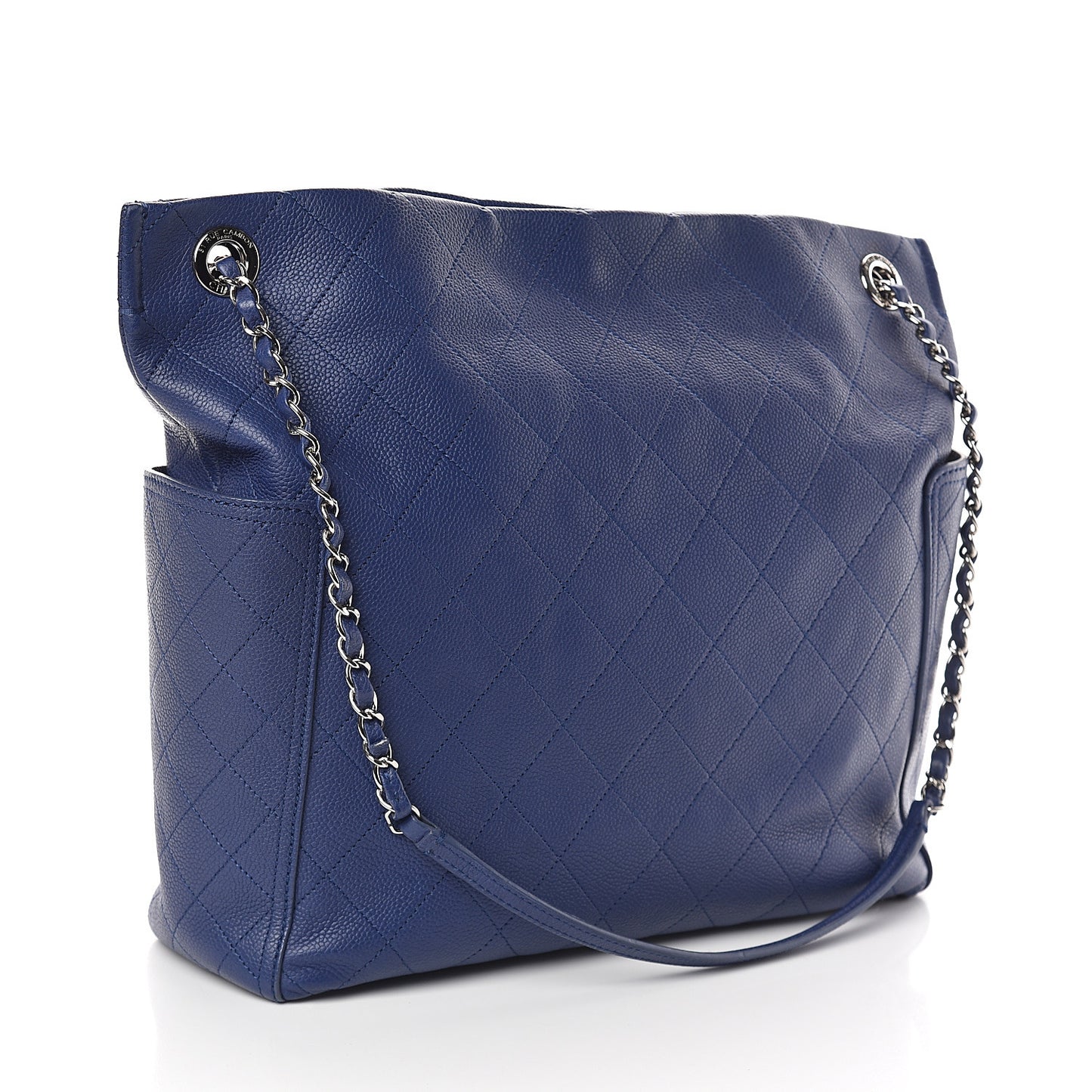 Grained Calfskin Stitched CC Pocket Tote Navy Blue