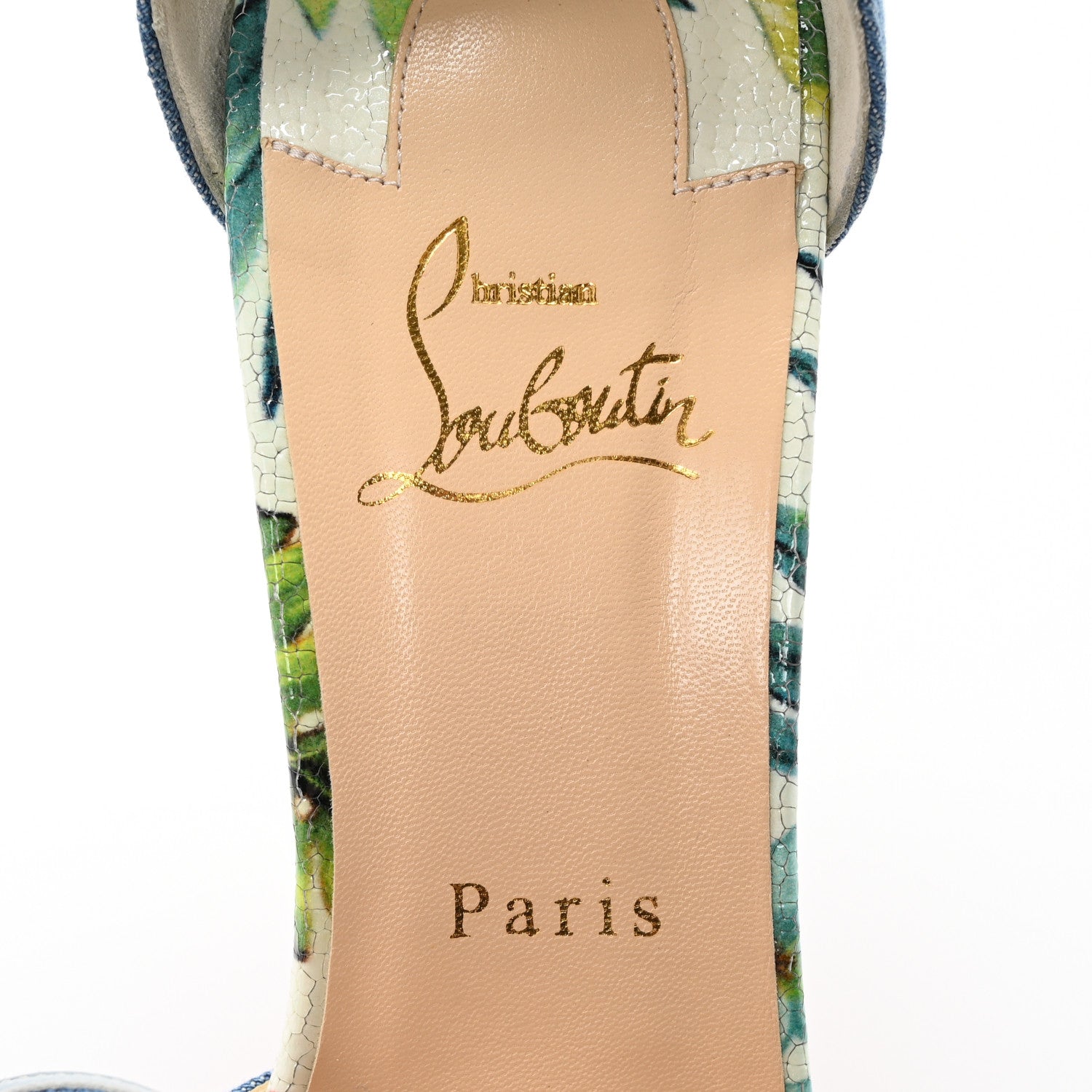 Christian Louboutin Denim Crackled Calfskin Hawaii Print Senora 100 Sandals 41 Blue White 8 of 11