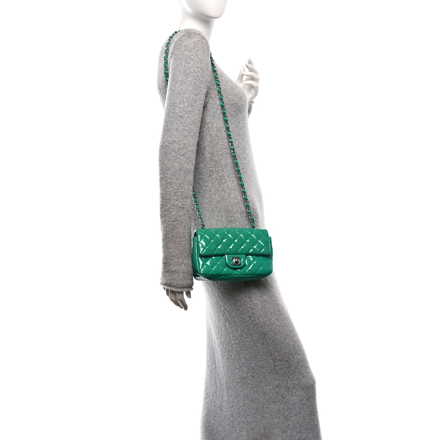 Patent Calfskin Quilted Mini Rectangular Flap Green
