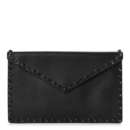 Valentino Garavani Pebbled Calfskin Rockstud Rolling Envelope Clutch Black 1 of 8