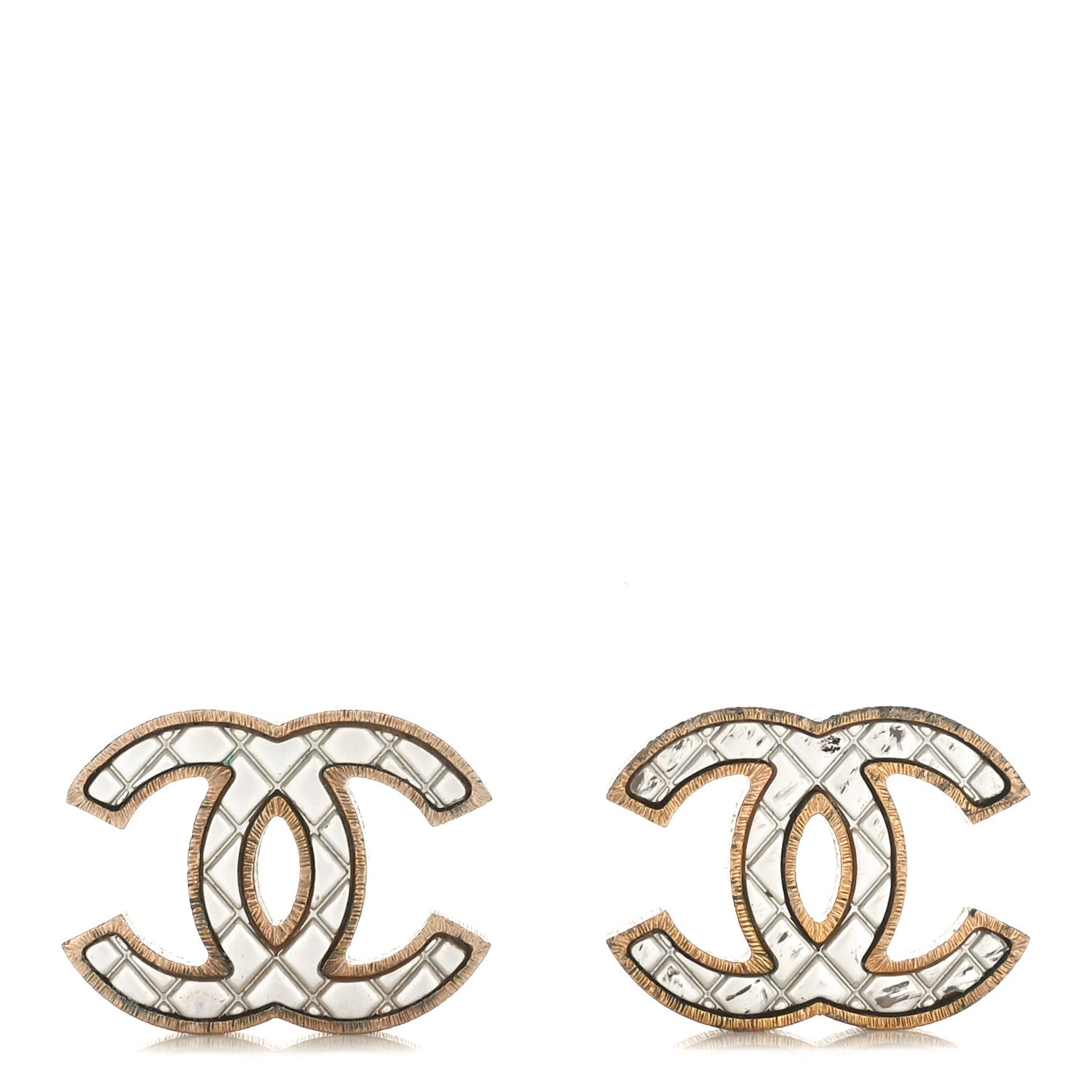 Chanel Metal Quilted CC Earrings Gold White 1 of 4