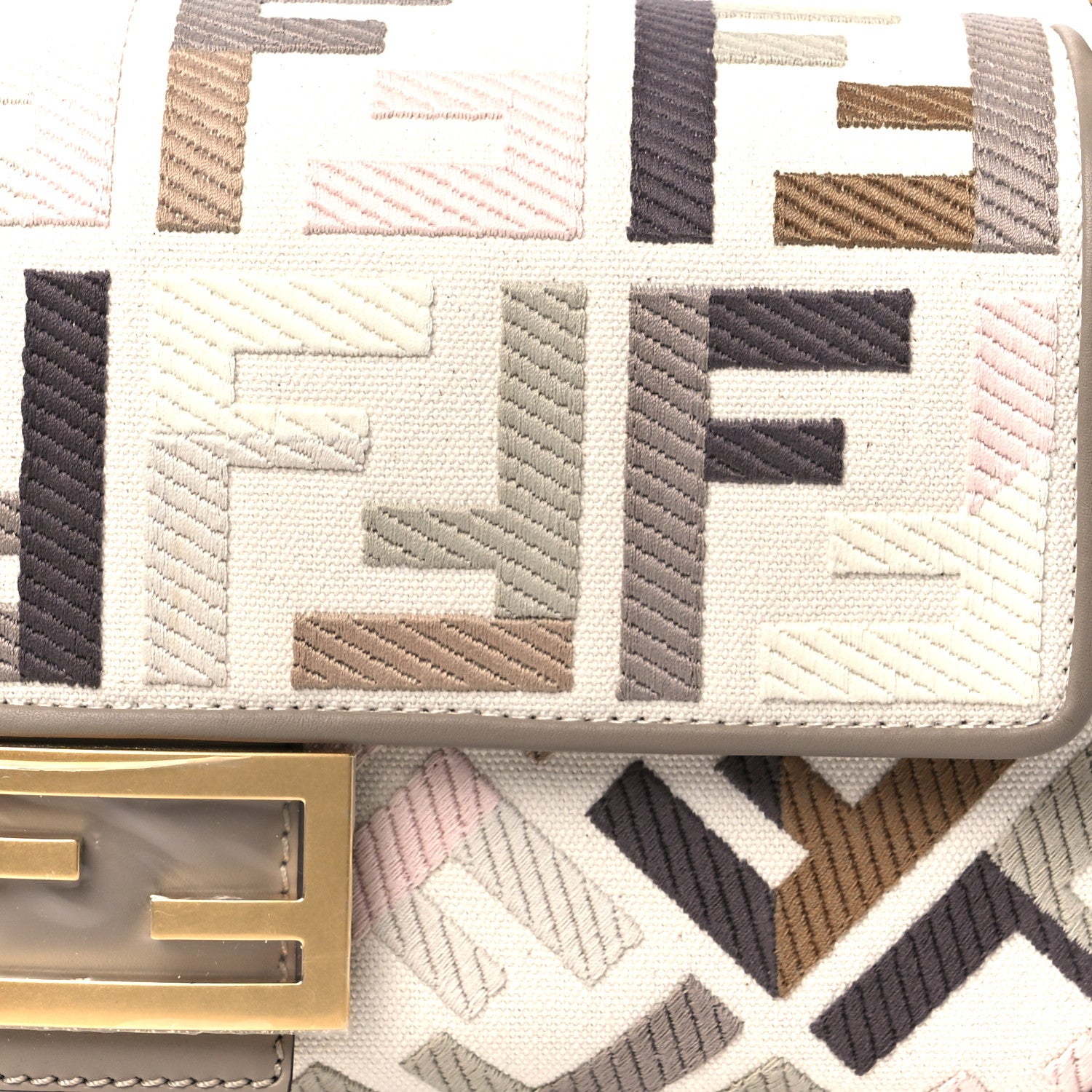 Fendi Canvas Vitello Seta FF Multicolor Embroidered Baguette Grezzo Multicolor Tortora 10 of 12