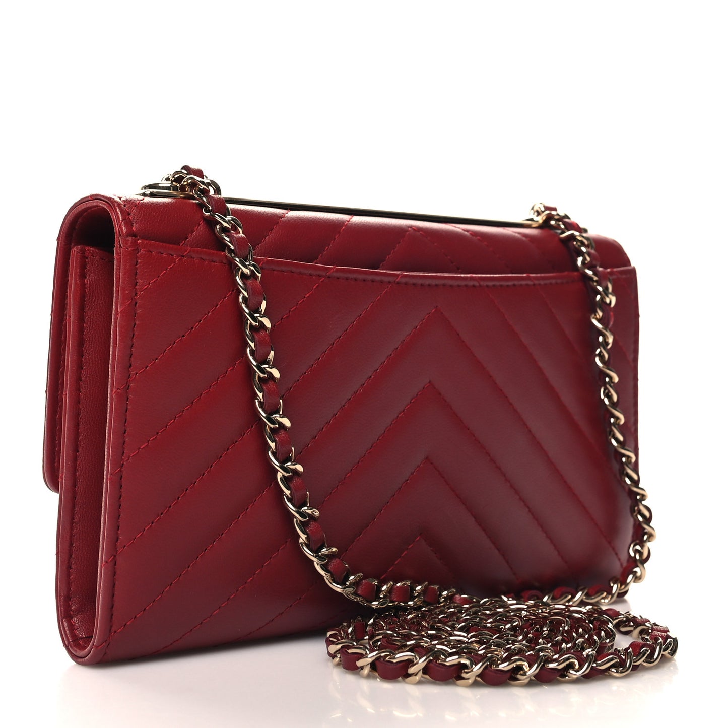Lambskin Chevron Quilted Long Trendy CC Wallet On Chain WOC Red