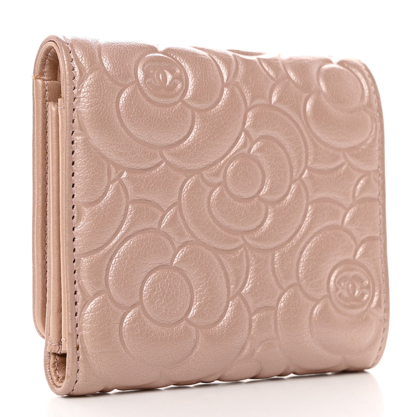 Goatskin Camellia Embossed Compact Wallet Pink