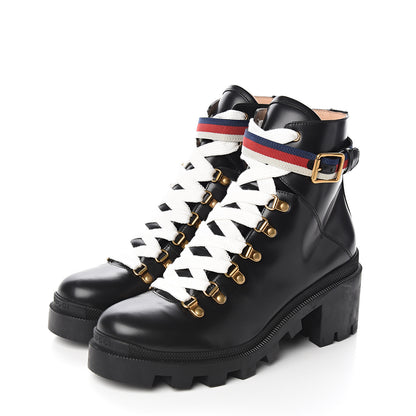 Gucci Calfskin Womens Sylvie Web Lace Up Combat Boots 40 Black 3 of 9