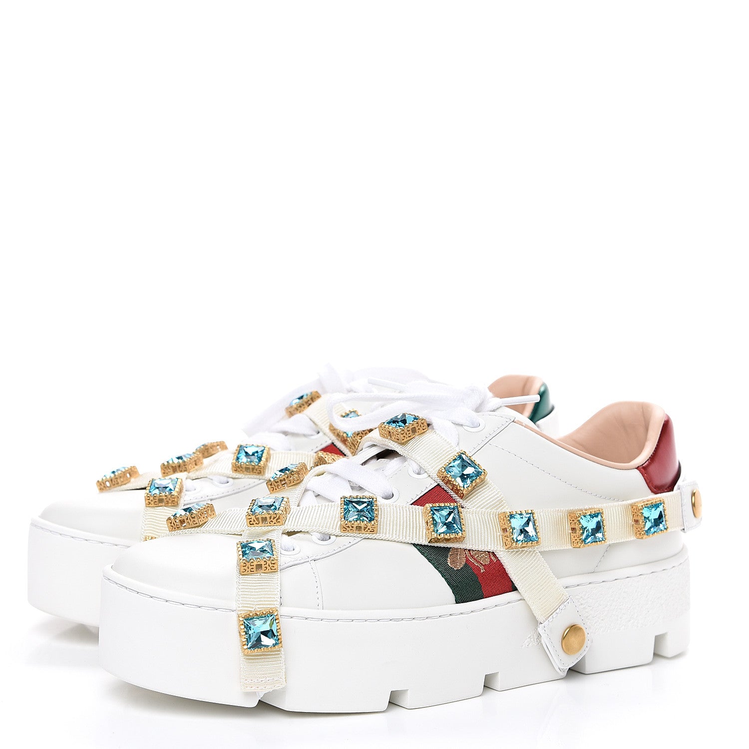 Gucci Calfskin Removable Crystals Bee Embroidered Ace Platform Sneakers 37.5 White 3 of 9