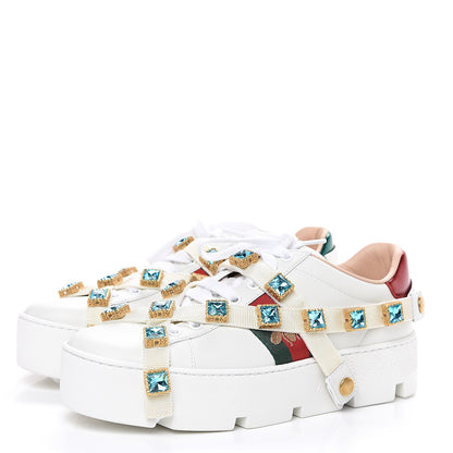 Gucci Calfskin Removable Crystals Bee Embroidered Ace Platform Sneakers 37.5 White 3 of 9