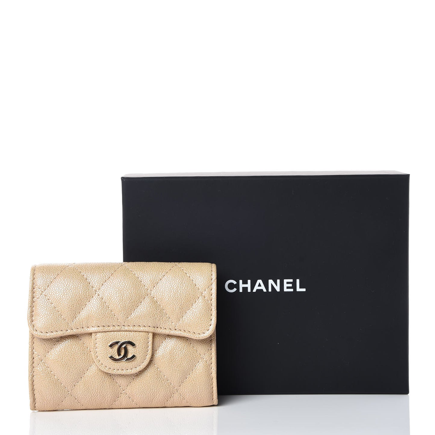 Iridescent Caviar Quilted Flap Card Holder Wallet Beige