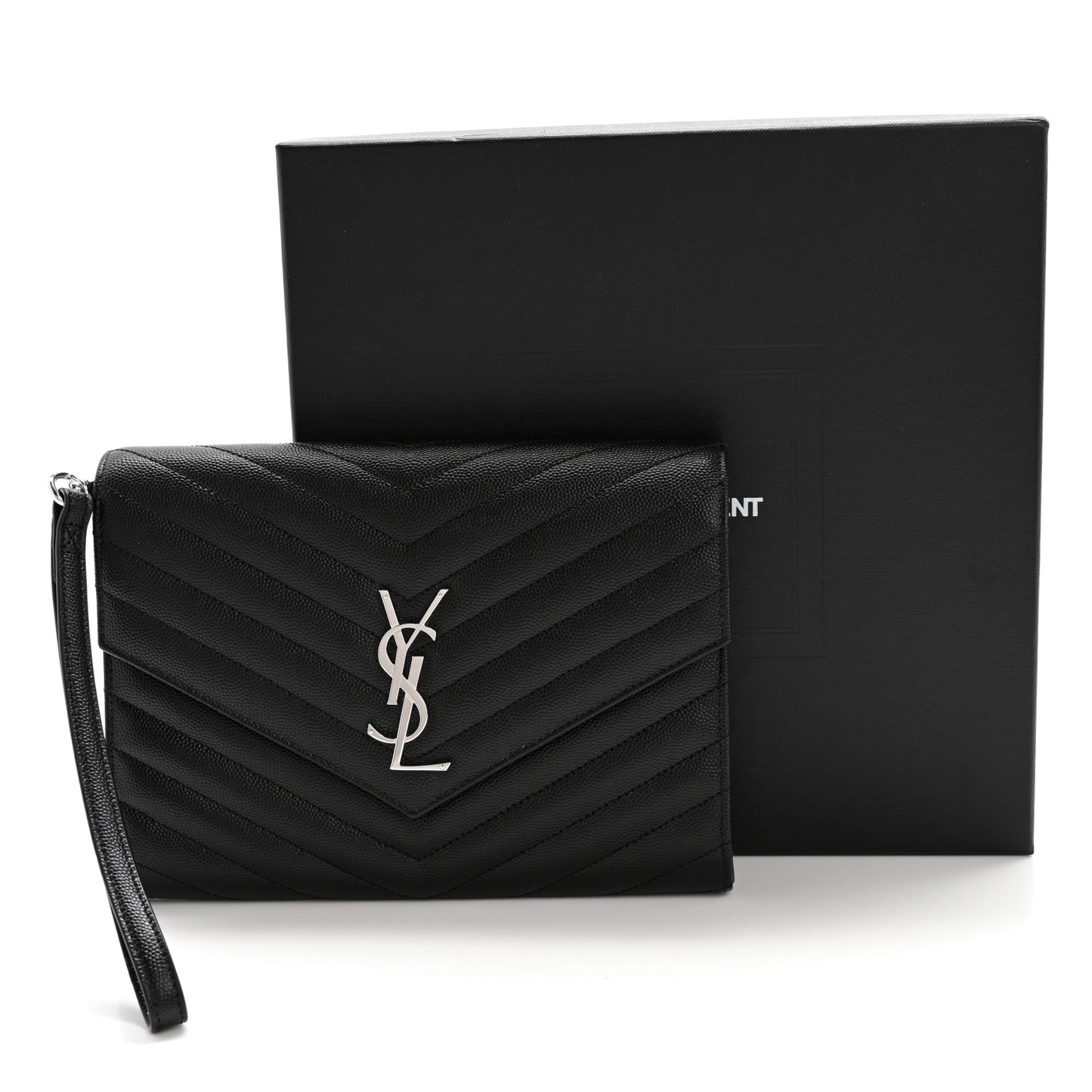 Grain De Poudre Matelasse Chevron Monogram Envelope Clutch Black