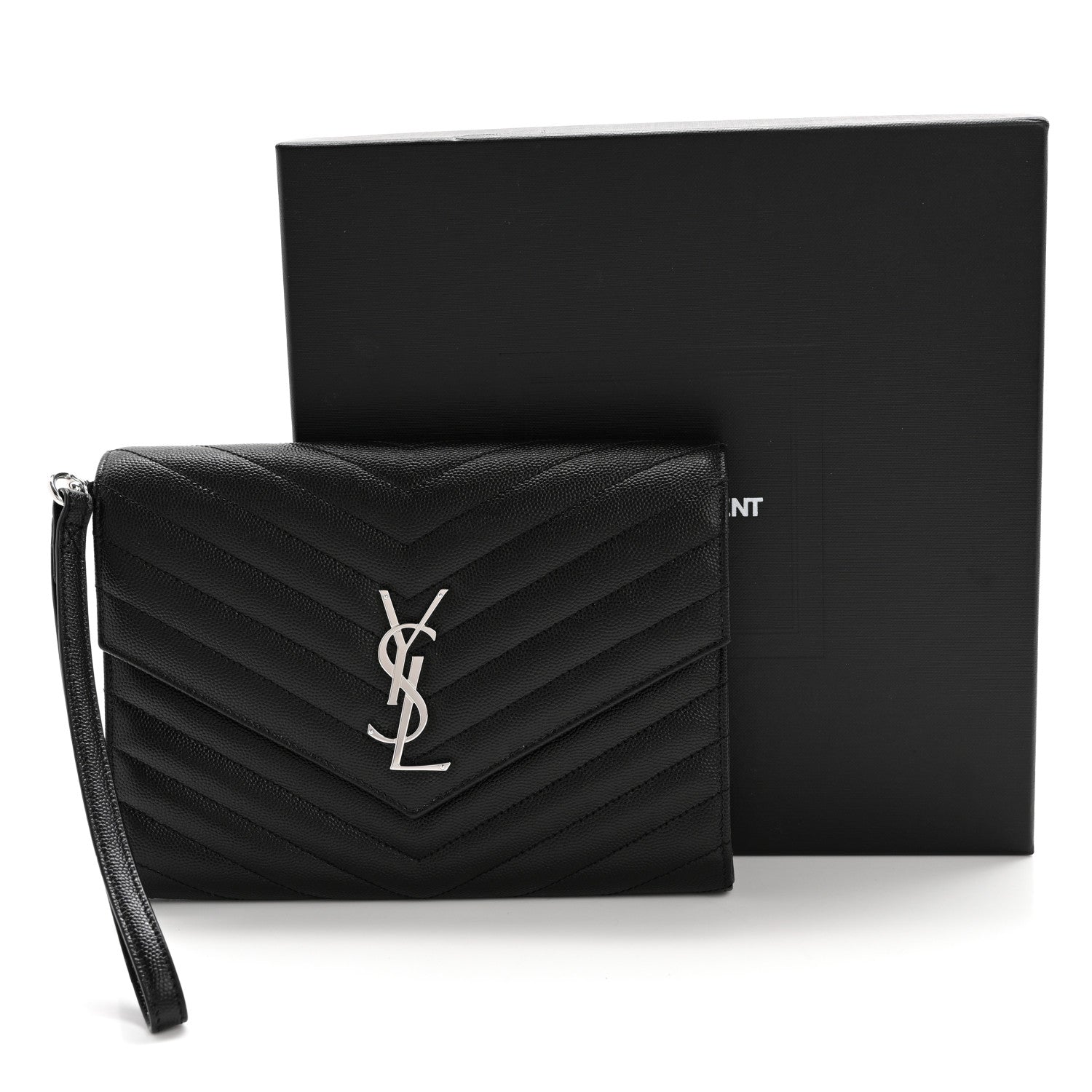 Saint Laurent Grain De Poudre Matelasse Chevron Monogram Envelope Clutch Black 8 of 8