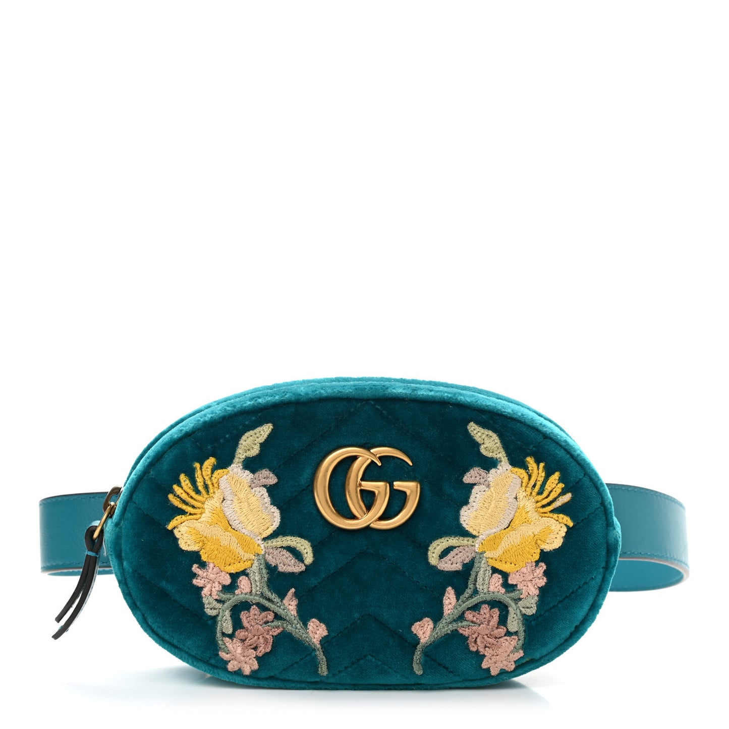 Velvet Matelasse Embroidered GG Marmont Belt Bag 85 34 Pavone Cyan