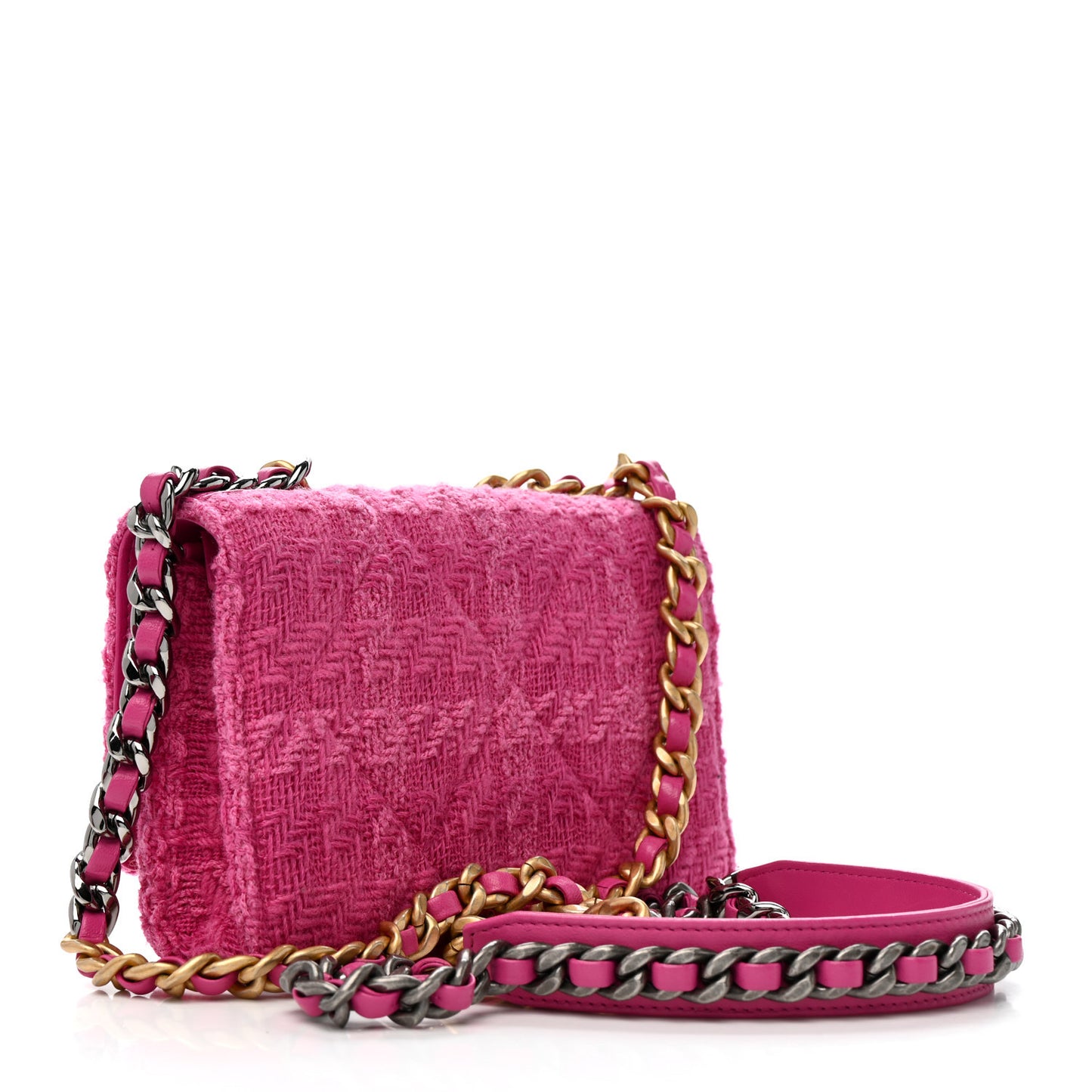Wool Tweed Lambskin Quilted Chanel 19 Wallet On Chain WOC and Coin Purse  Fuchsia