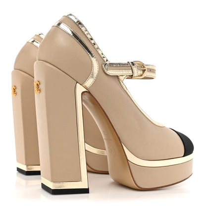 Chanel Lambskin Metallic Cap Toe Mary Jane Platform Pumps 38 Gold 4 of 12