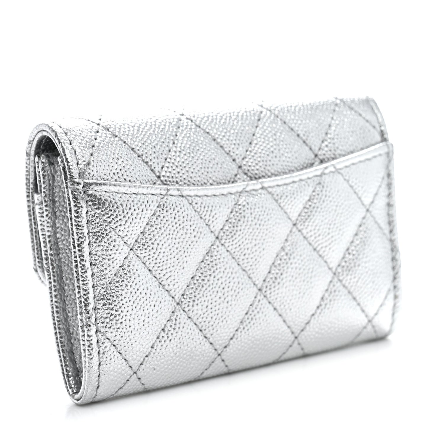 Metallic Caviar Quilted Flap Card Holder Wallet Silvery