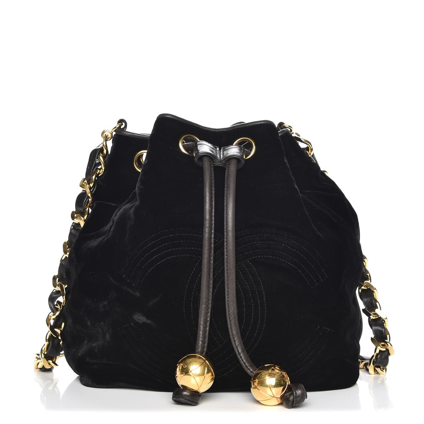 Velvet CC Drawstring Bucket Bag Black
