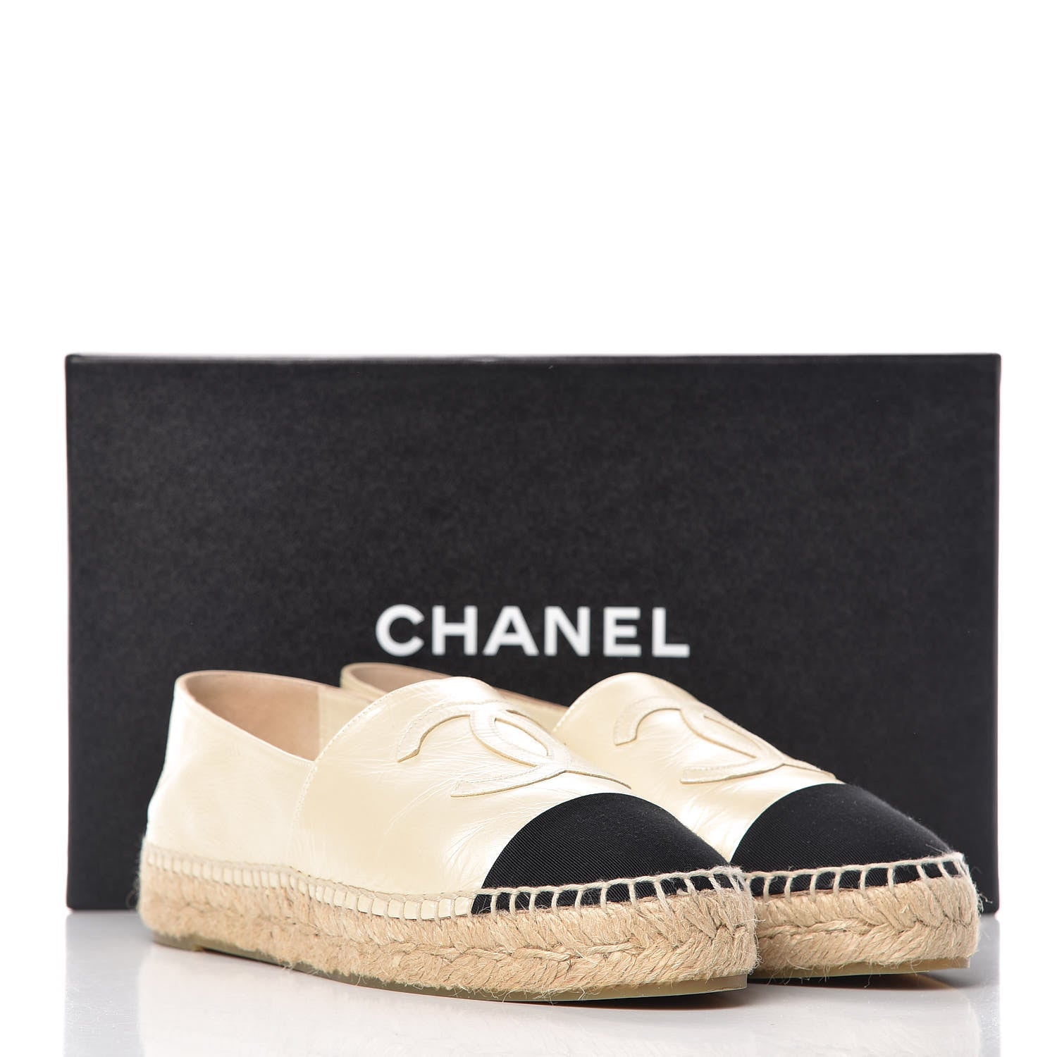 Chanel Metallic Calfskin Grosgrain CC Espadrilles 37 Ivory Black 12 of 12