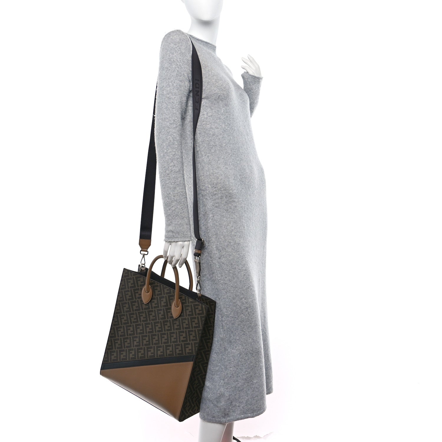 Fendi Glazed Fabric Vitello Cover FF 1974 Diagonal Bi-Color Vertical Tote Tobacco Moro Sand Black 2 of 10