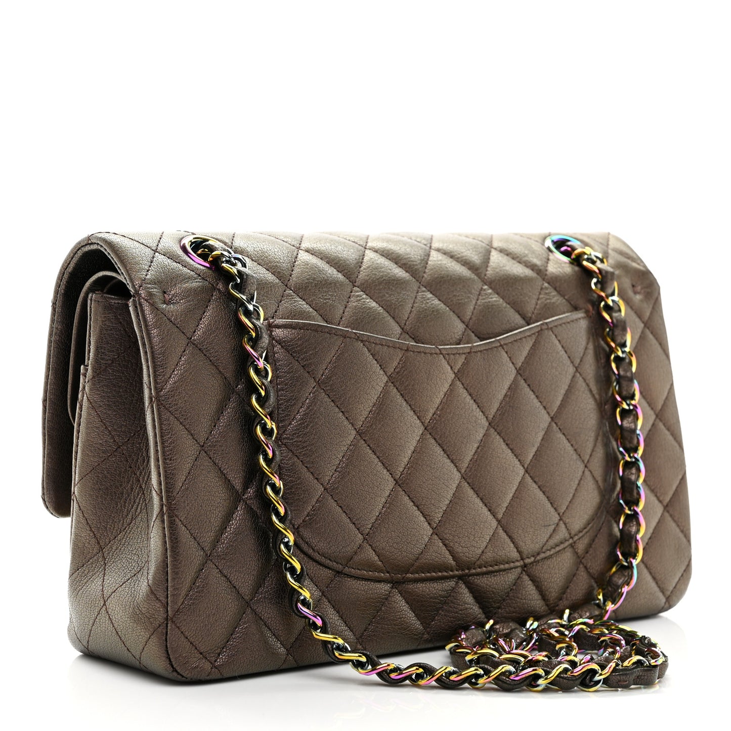 Iridescent Goatskin Quilted Medium Double Flap Bronze