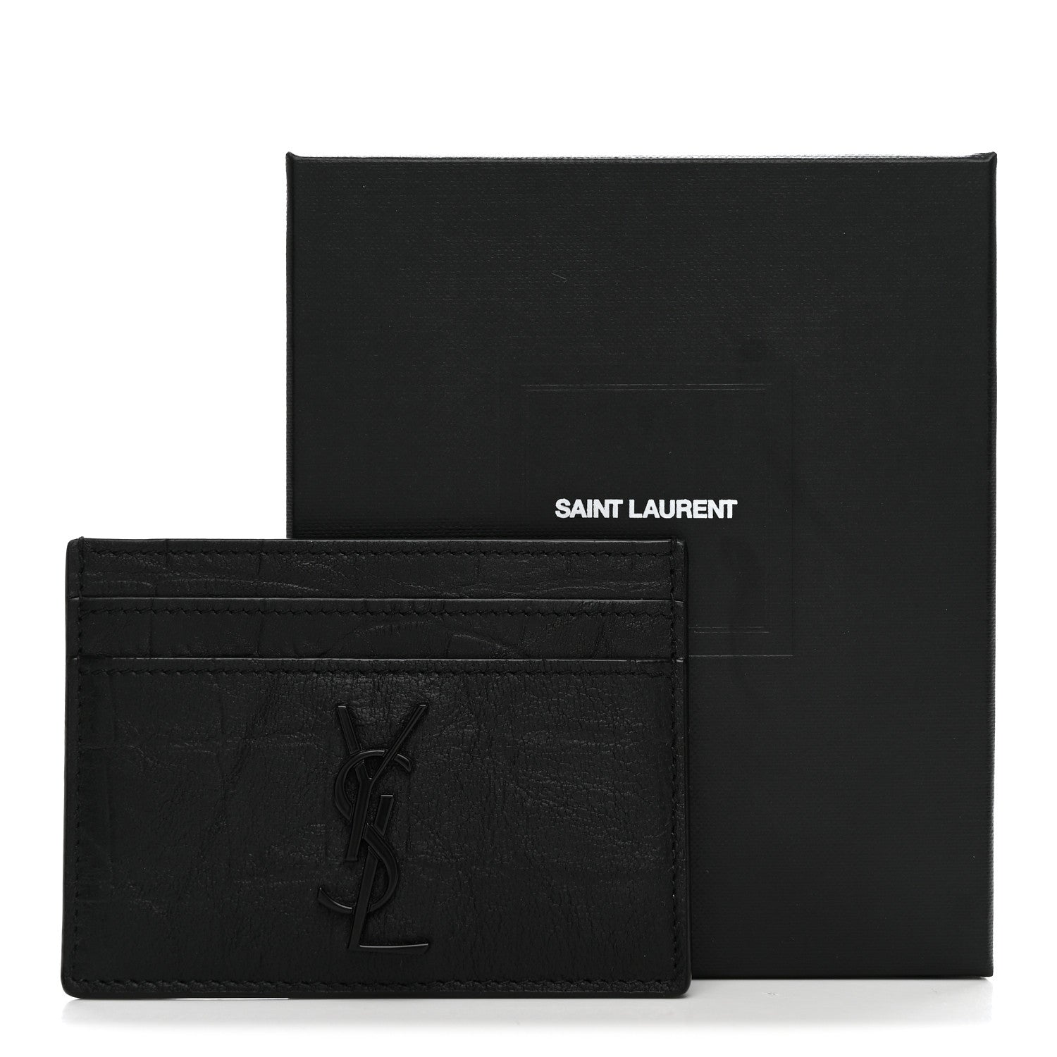 Saint Laurent Calfskin Crocodile Embossed Monogram Credit Card Case Black 8 of 8