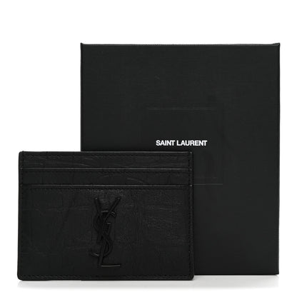 Saint Laurent Calfskin Crocodile Embossed Monogram Credit Card Case Black 8 of 8