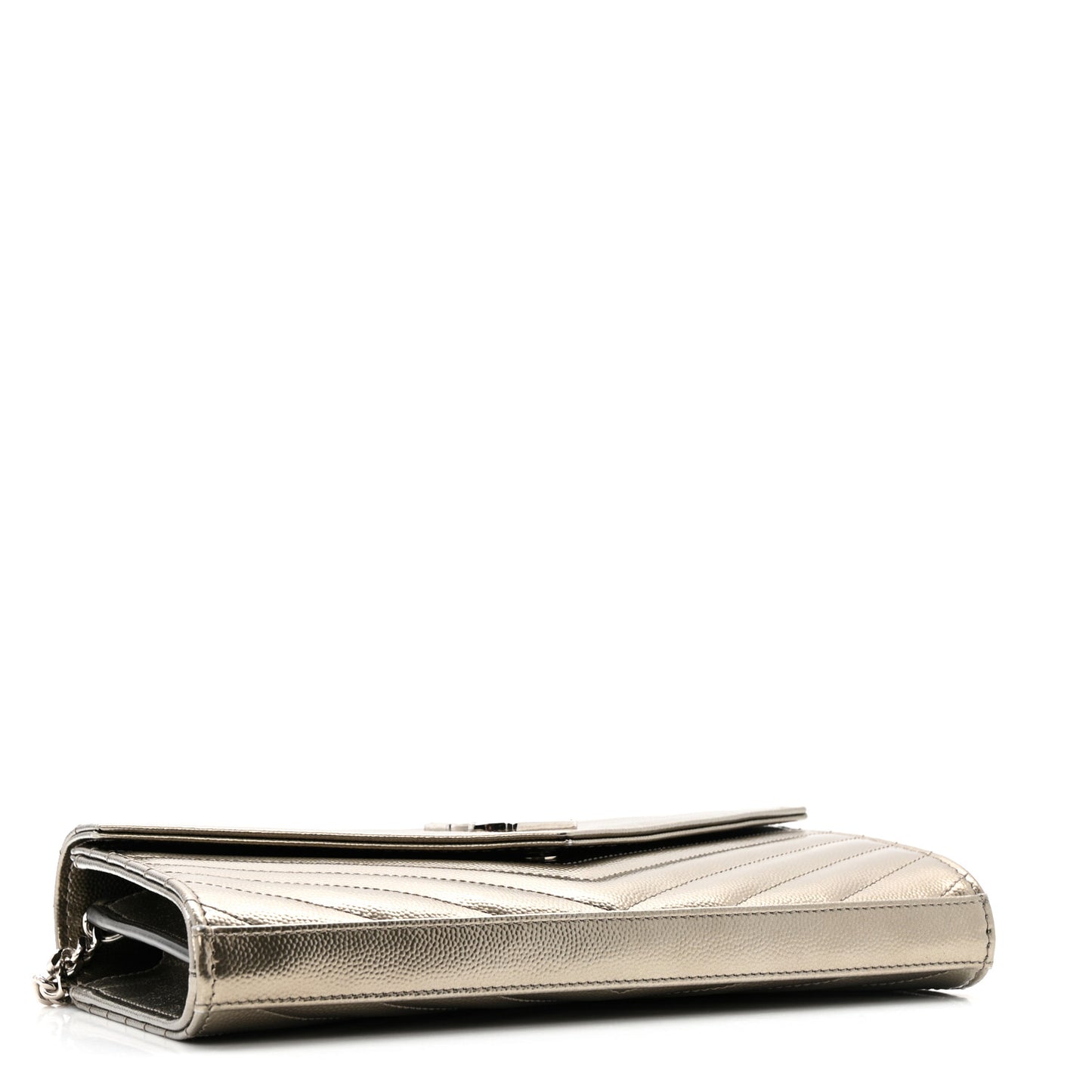 Metallic Grain De Poudre Matelasse Chevron Monogram Chain Wallet Piombo
