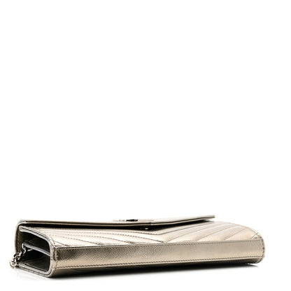 Saint Laurent Metallic Grain De Poudre Matelasse Chevron Monogram Chain Wallet Piombo 4 of 15