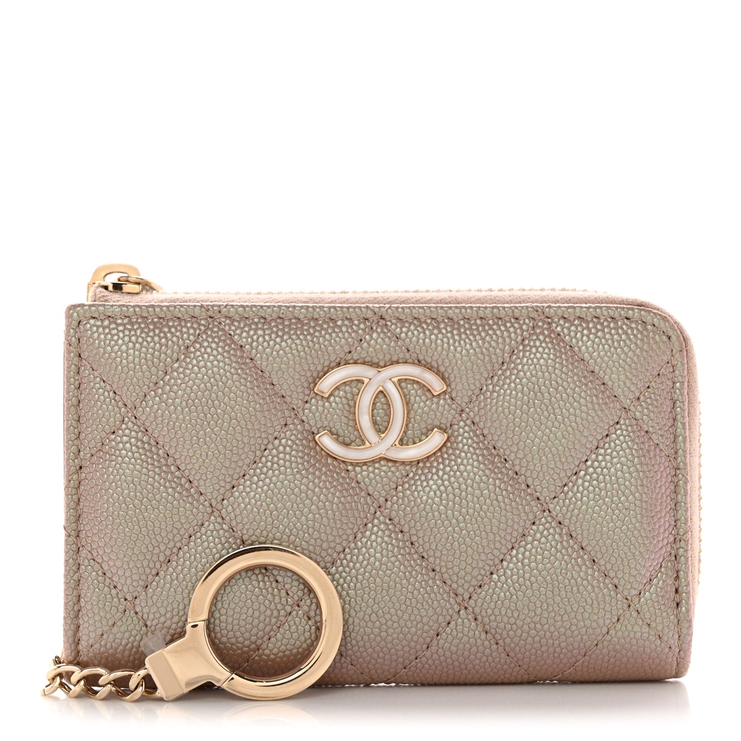 Iridescent Caviar Quilted Zipped Key Holder Case Beige