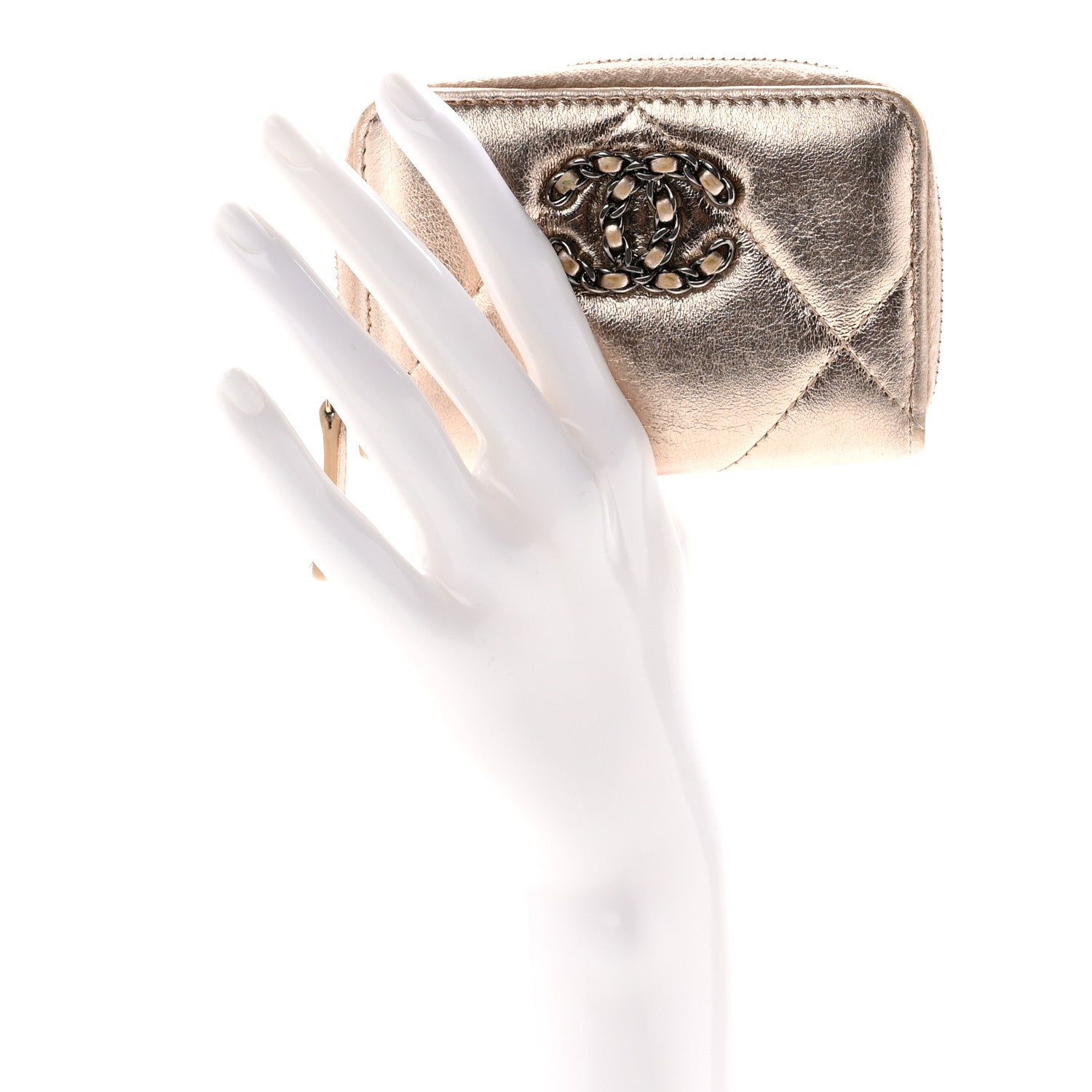 Chanel Metallic Lambskin Quilted Chanel 19 Zip Around Coin Purse Wallet Gold 2 of 13