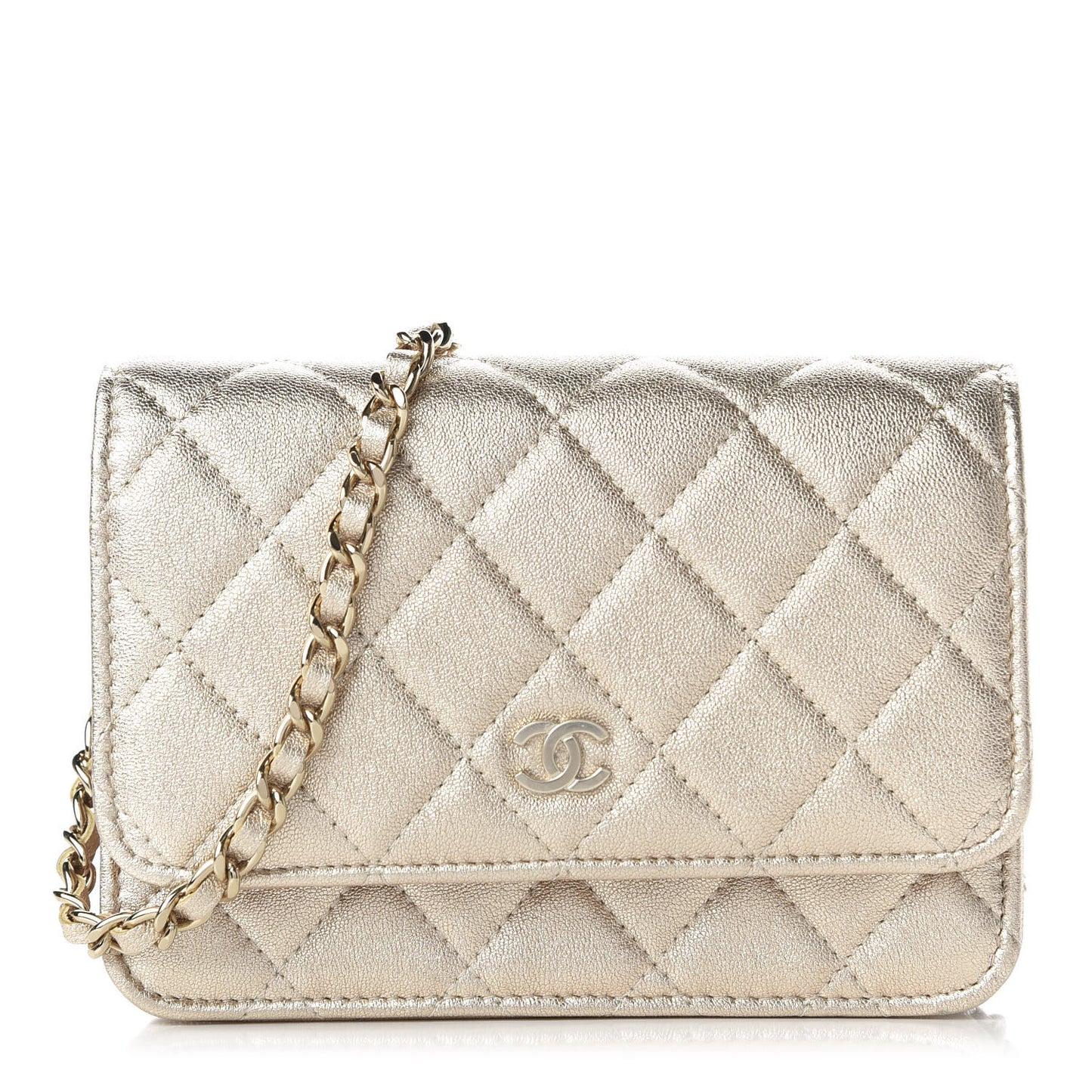 Metallic Lambskin Quilted Mini Wallet On Chain WOC Gold
