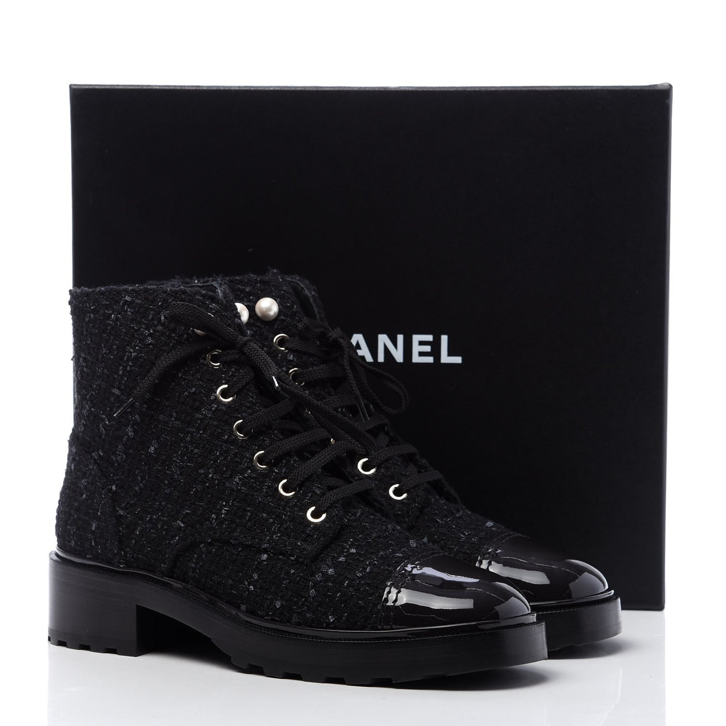 Tweed Patent Calfskin Pearl Combat Short Boots 40 Black Grey Blue