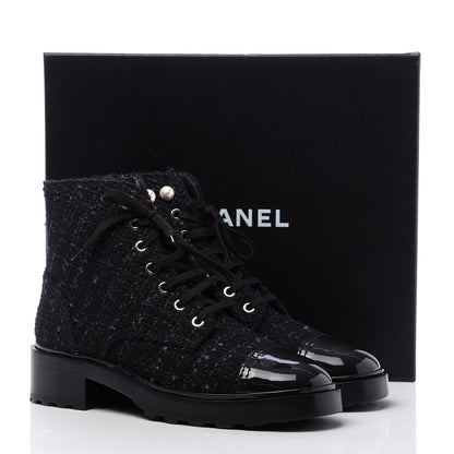 Chanel Tweed Patent Calfskin Pearl Combat Short Boots 40 Black Grey Blue 9 of 9