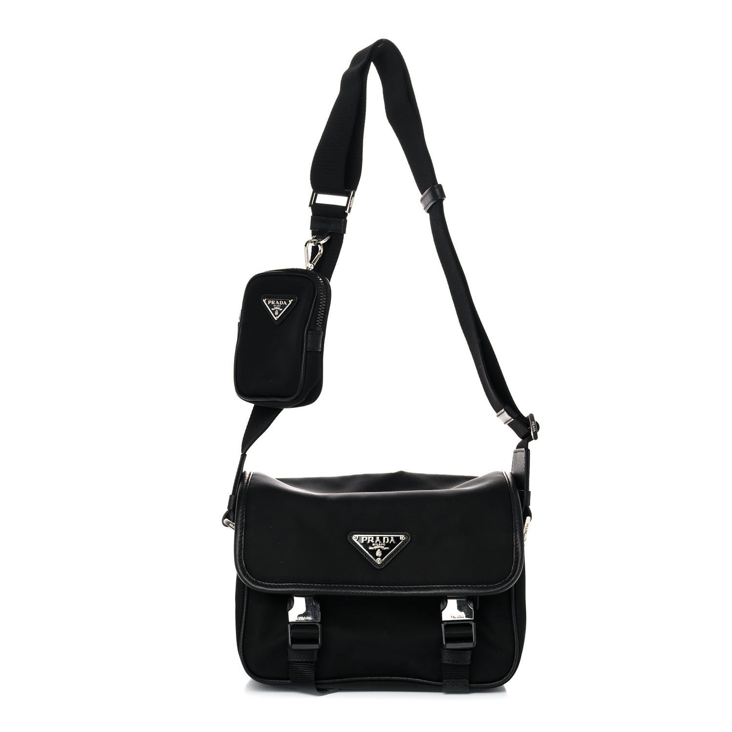 Re-Nylon Saffiano Pocket Double Snap Buckle Shoulder Bag Black
