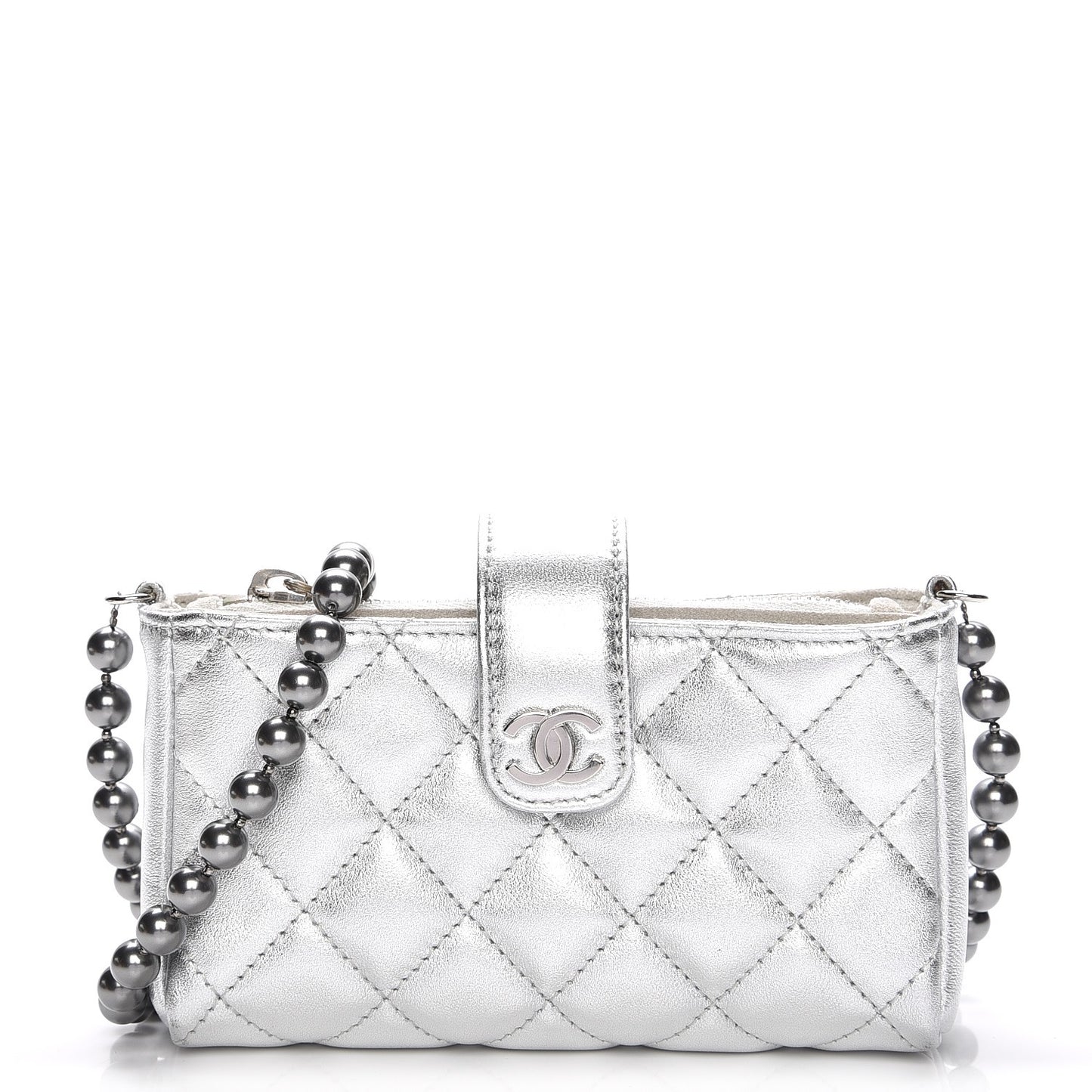 Metallic Lambskin Quilted Pearl Chain Mini Love Symbols Bag Silver