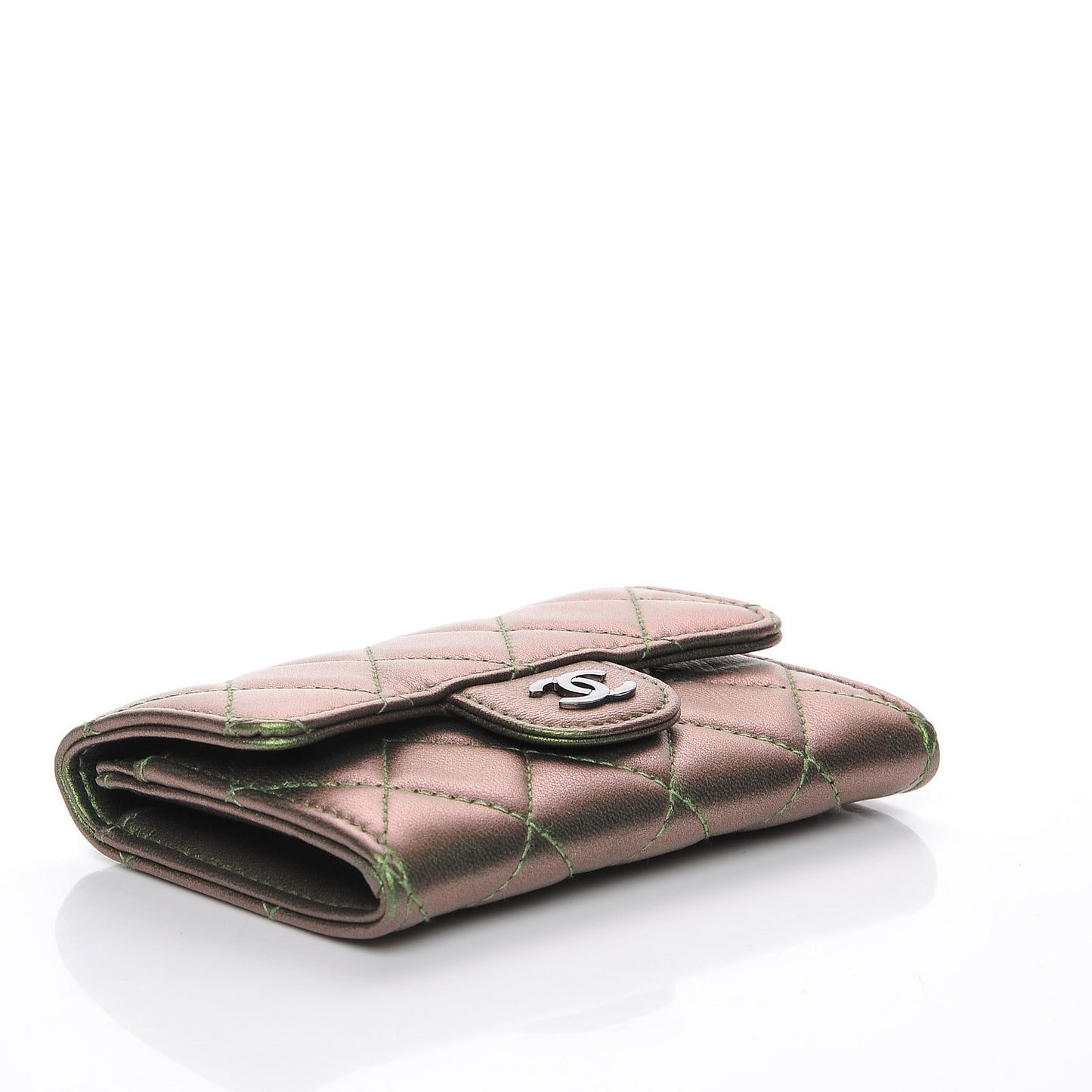 Metallic Lambskin Quilted Card Holder Green