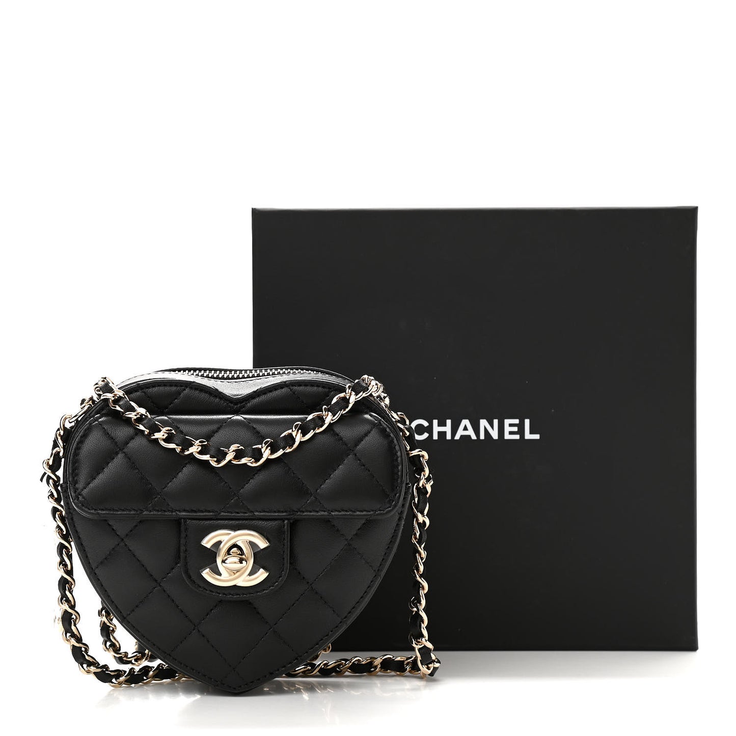Lambskin Quilted CC In Love Heart Clutch With Chain Black