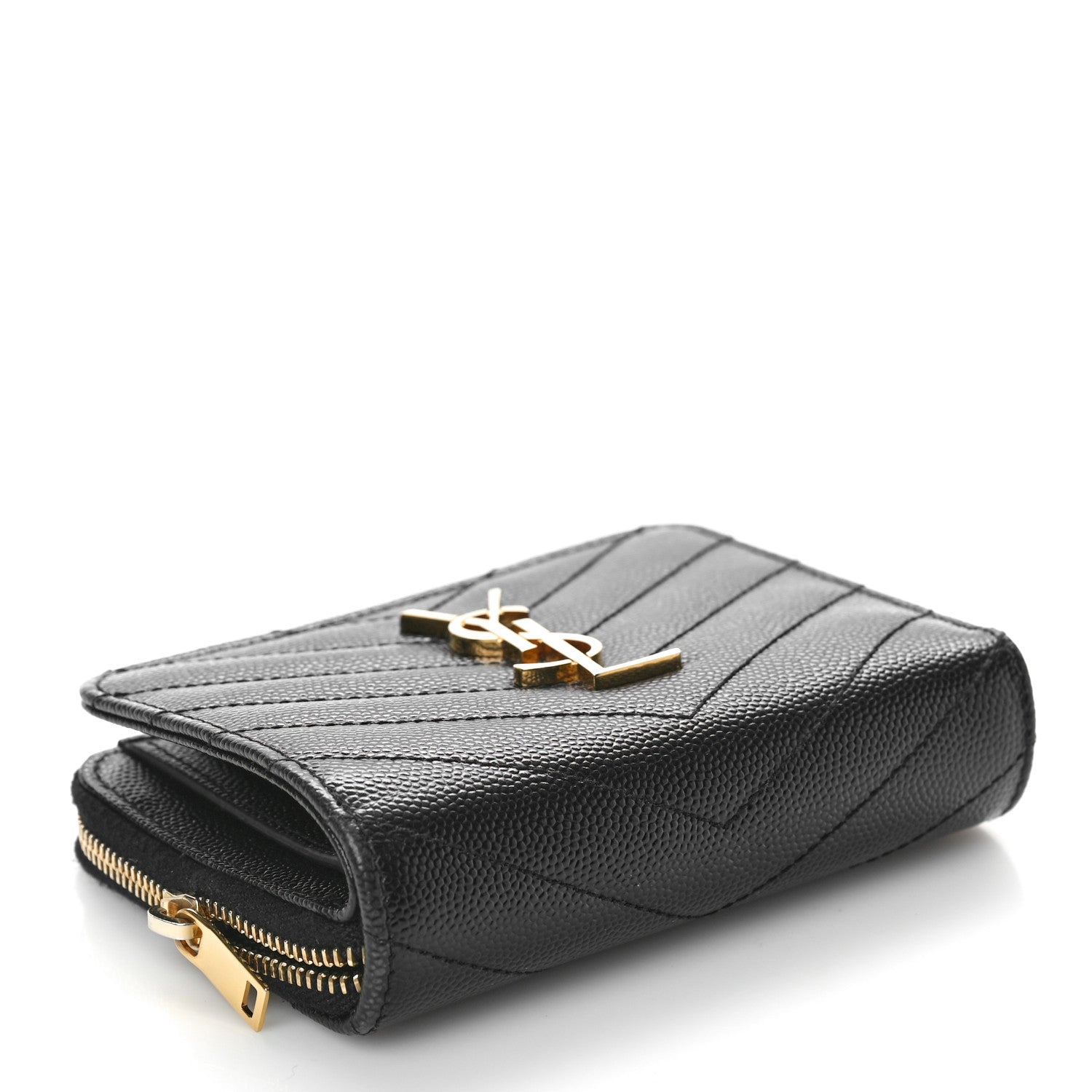 Saint Laurent Grain De Poudre Matelasse Chevron Monogram Compact Zip Around Wallet Black 4 of 8