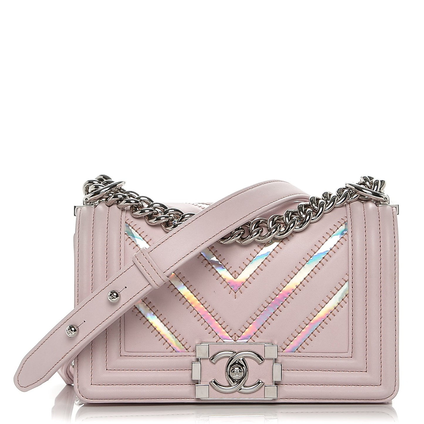 Lambskin Iridescent PVC Chevron Quilted Small Boy Flap Light Pink Silver