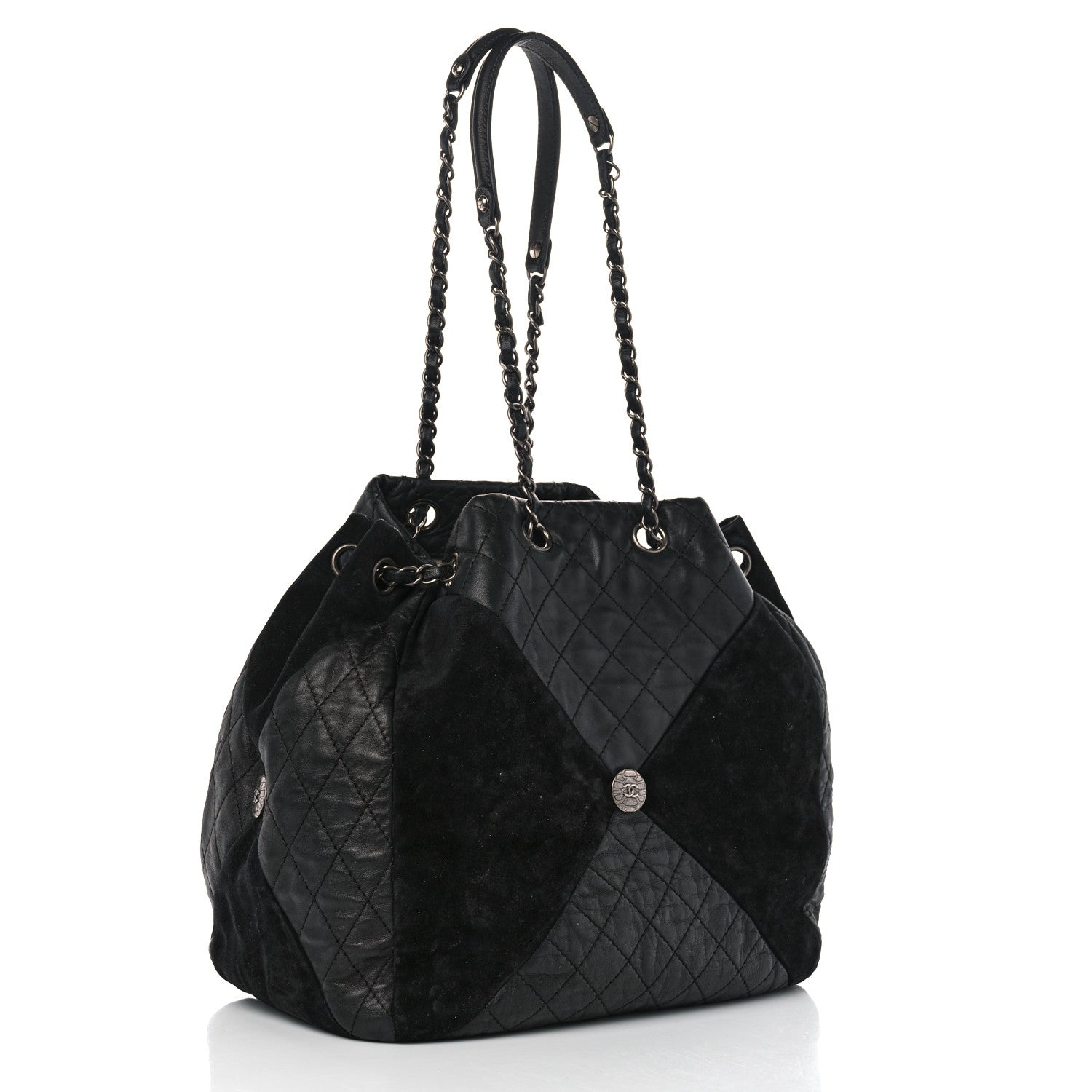 Chanel Goatskin Suede Calfskin Quilted Patchwork Drawstring Bag Black 3 of 14