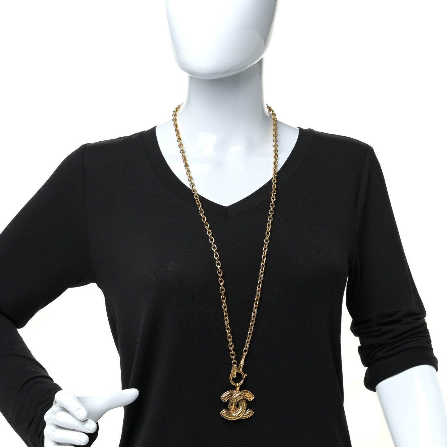 Metal Quilted CC Long Necklace Gold