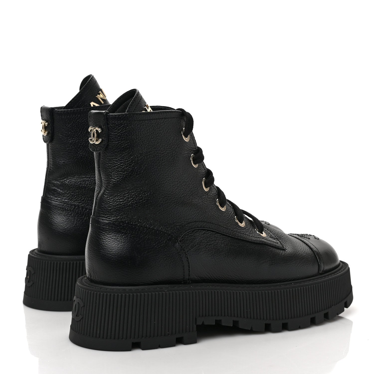 Chanel Calfskin CC Lace Up Combat Boots 38 Black 4 of 8