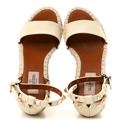 Valentino Garavani Grained Calfskin Rockstud Ankle Strap Espadrille 15/105mm Wedge Sandals 35 Light Ivory Natural 2 of 11