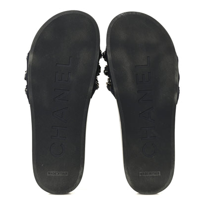Chanel Satin Canvas Chain Slides Sandals Flats 39 Marine 6 of 10