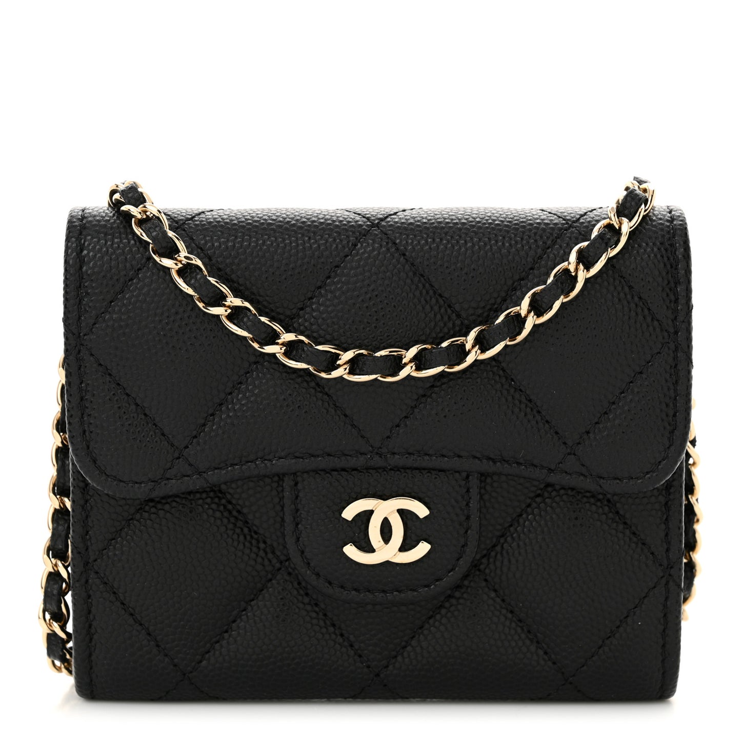 Caviar Quilted Flap Card Holder On Chain Black