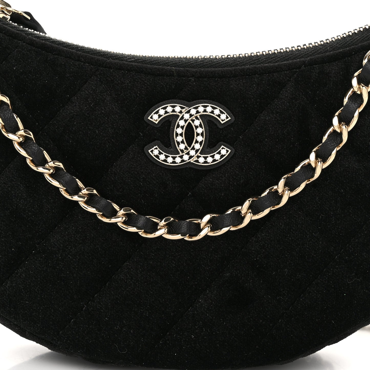 Velvet Crystal Quilted Chain Hobo Black